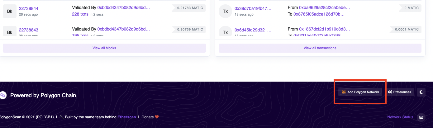 add Polygon to MetaMask via polygonscan.com