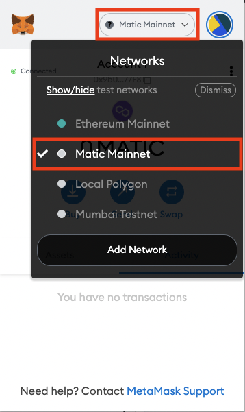 network dropdown in MetaMask