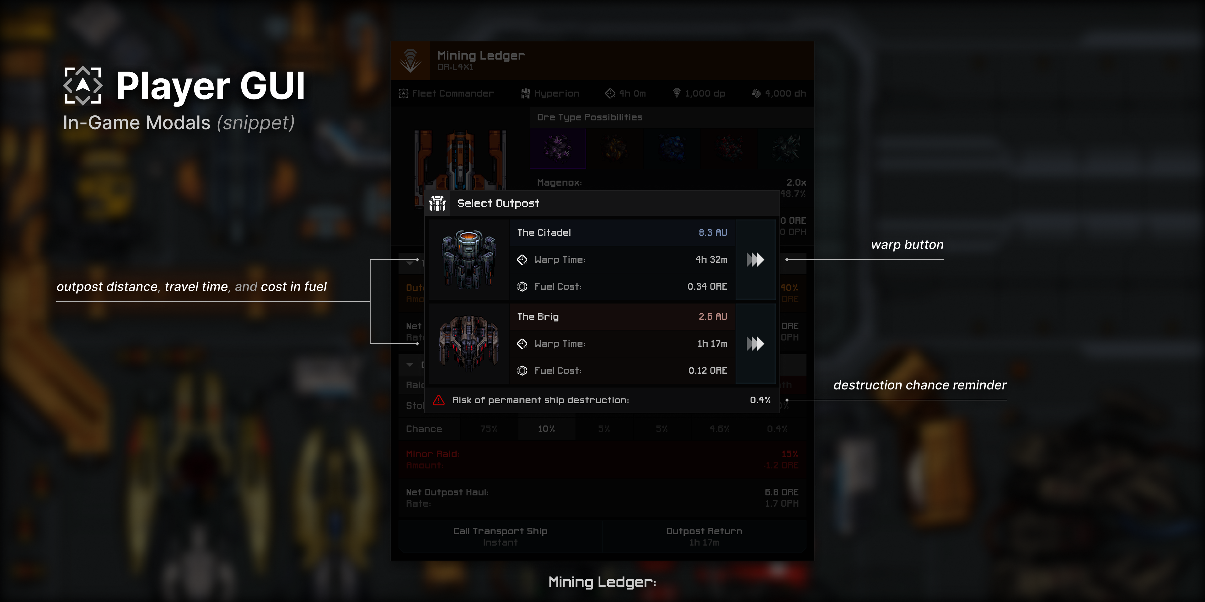 Mining ledger window - outpost selection