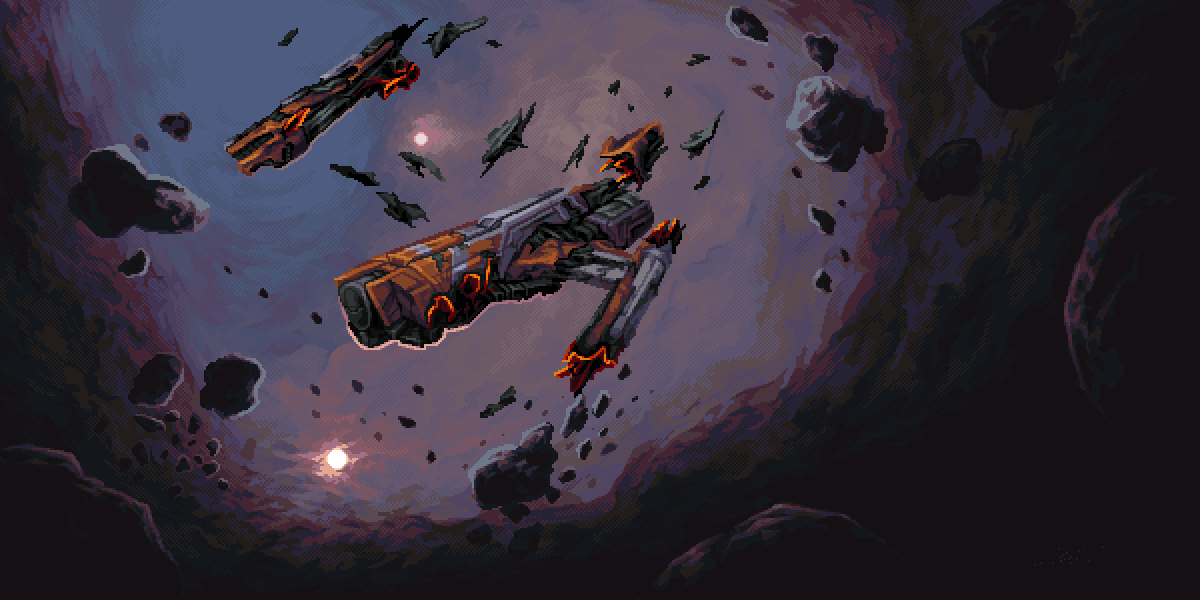 Abyss banner - a destroyed ship drifts through space