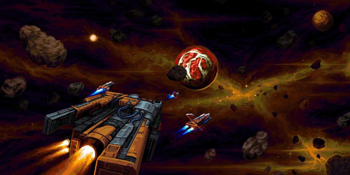 Ouroboros banner - ships navigate through belts, to a planet